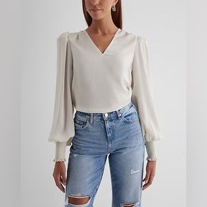 Express V-Neck Long Sleeve Smocked Cuff Top
